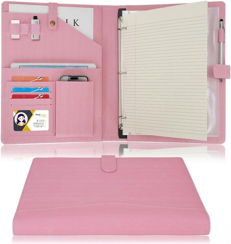 WONDERPOOL A4 PU Leather Portfolio Holder Ring File Document Case with Removable Binder Clipboard, Multi Pocket and Legal Pad for Business Organizer Interview and Meeting (Pink) - Image 1